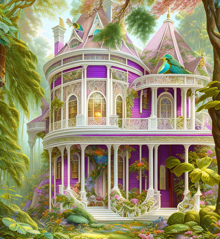 Victorian-style house in enchanted forest with purple walls and peacock.