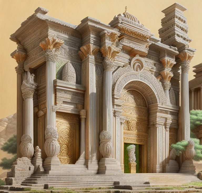 Detailed illustration of classical temple facade with Corinthian columns, carvings, dome, and greenery