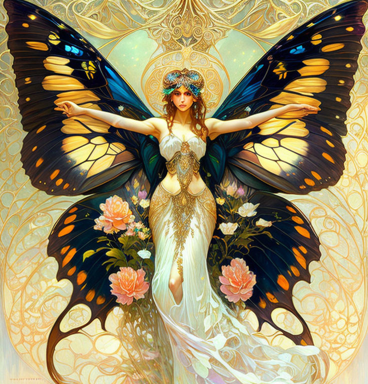 Illustrated female figure with butterfly wings and floral motifs in mystical setting