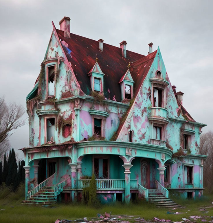 Weathered Turquoise Victorian Mansion Amid Overgrown Foliage