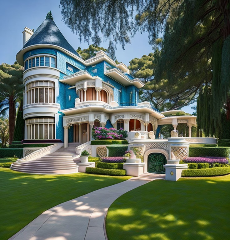 Victorian-style mansion with blue and white hues in lush garden setting