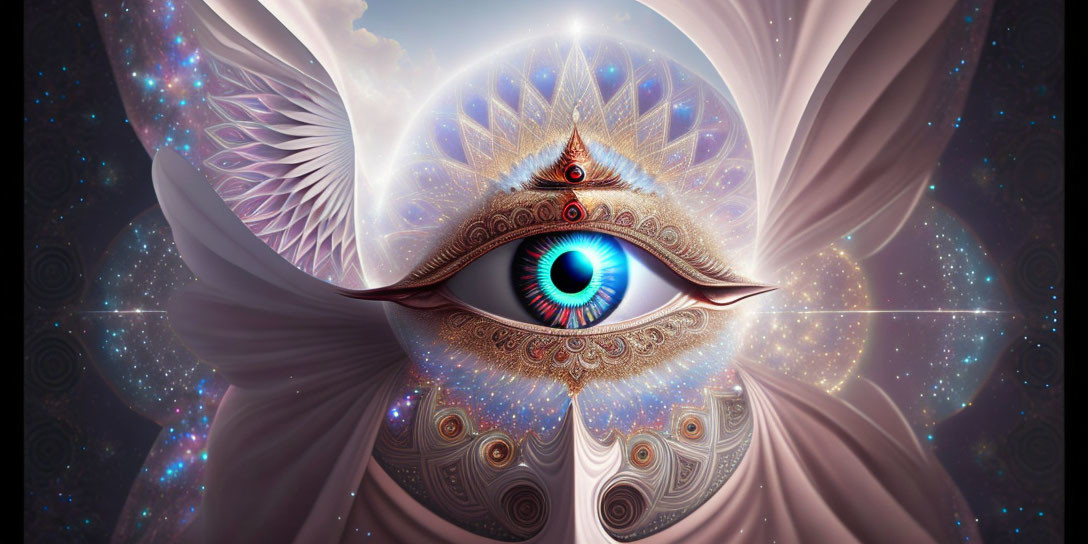 Surrealist image of blue iris eye with wings and ornate patterns