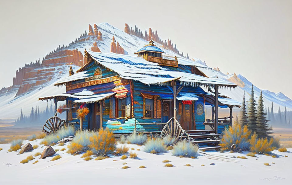 Colorful Wooden Cabin in Snowy Landscape with Mountains