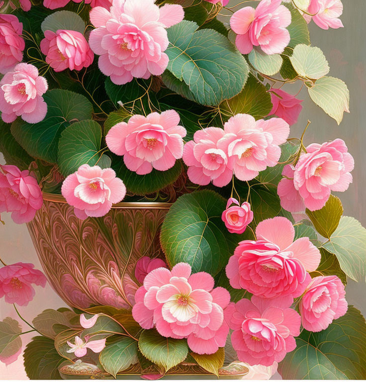 Pink Camellia Flowers in Full Bloom Arranged in Ornate Pink Vase