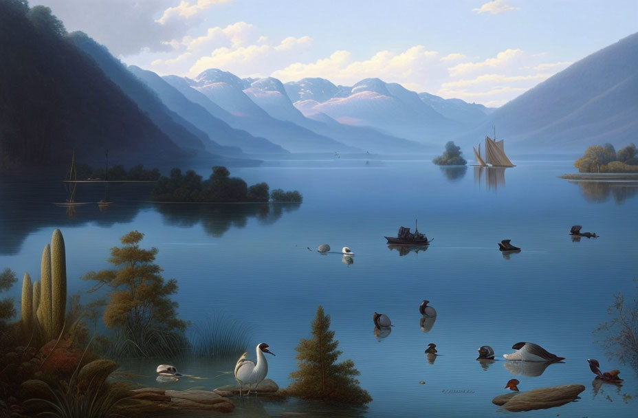 Serene Lake Landscape with Swans, Ducks, Boats, and Mountains