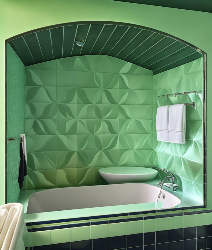 Modern Bathroom with White Bathtub, Green Wall Tiles, Dark Ledge, and Towel Rack