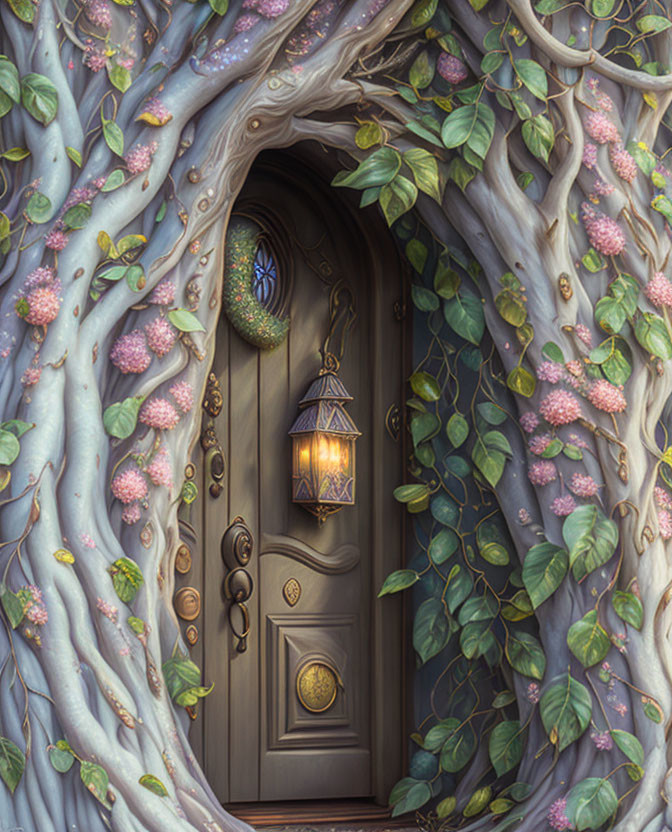 Enchanting wooden door with lantern, stained glass window, and pink blossoms