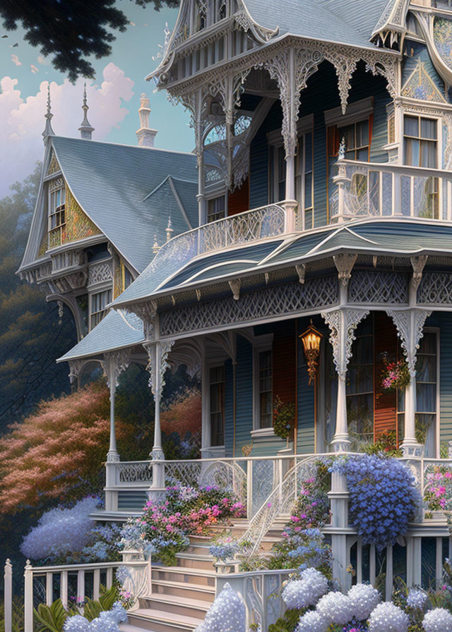 Victorian house with ornate woodwork, wraparound porch, flowers, and lush trees