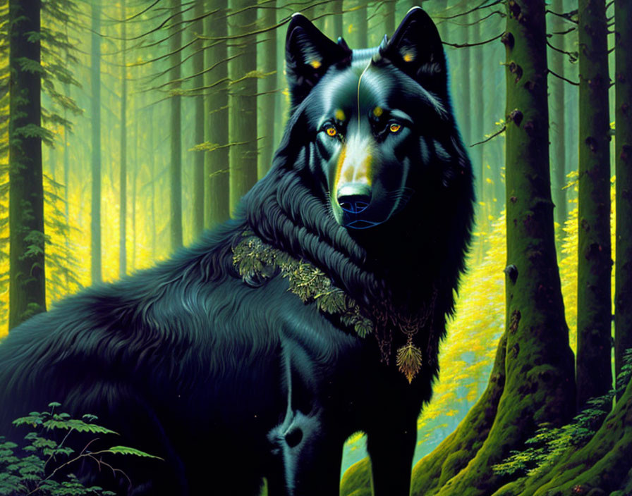 Majestic black wolf in mystical green forest with beams of light