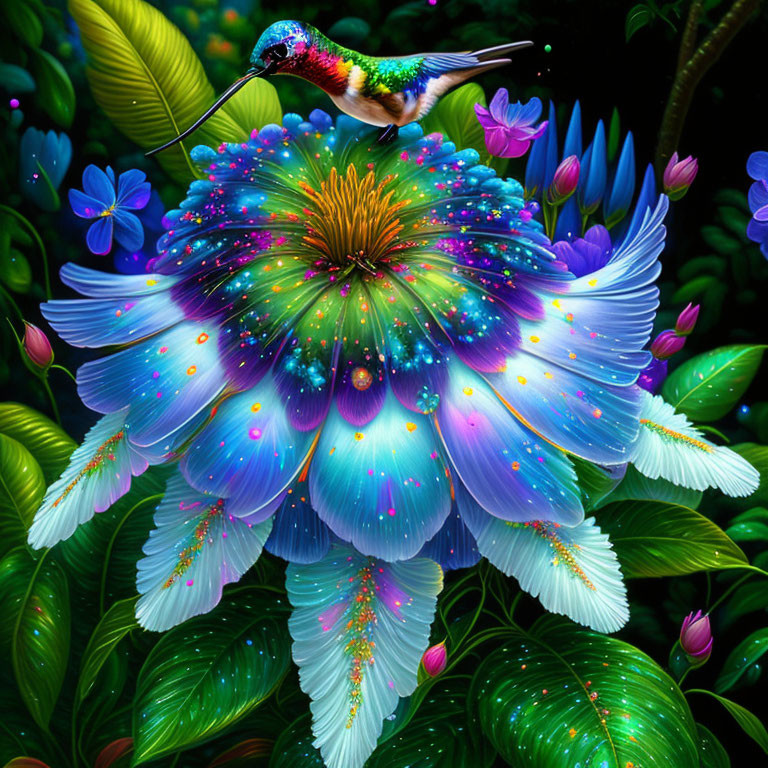 Colorful digital artwork: hummingbird and fantasy flower in vibrant scene