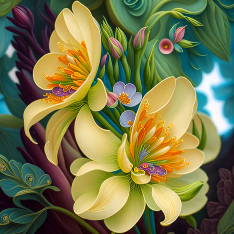 Colorful Digital Illustration of Stylized Yellow Flowers and Green Foliage