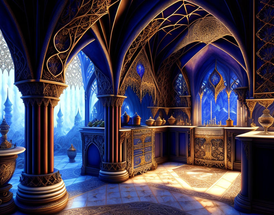 Fantastical Blue Interior with Gothic Arches and Glowing Orbs