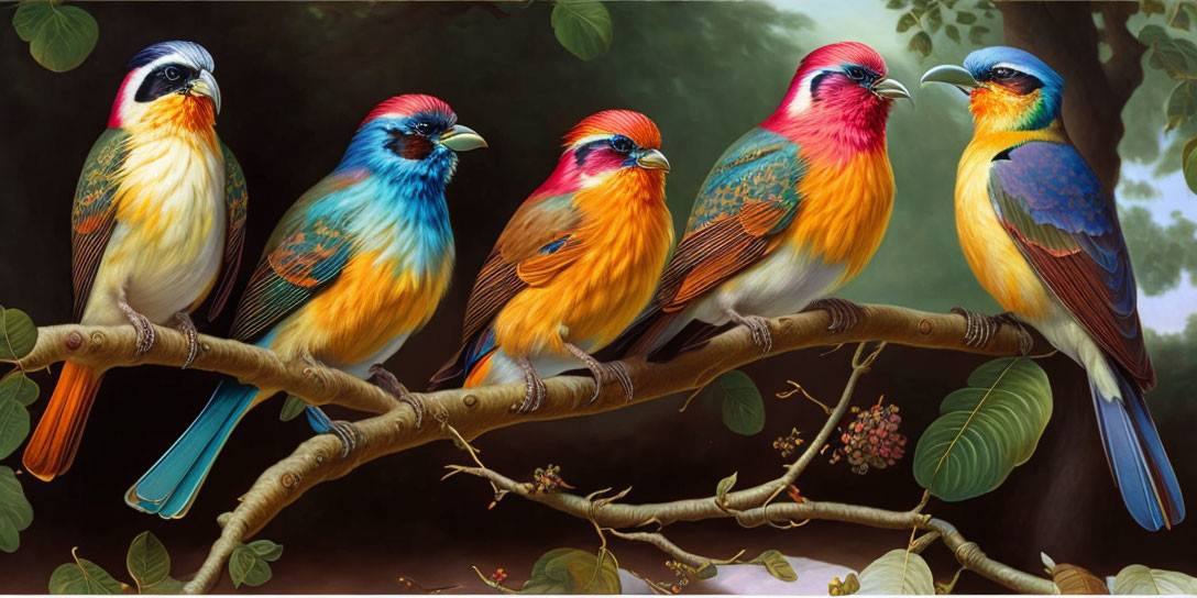 Vibrant Birds Perched on Branch with Leafy Background