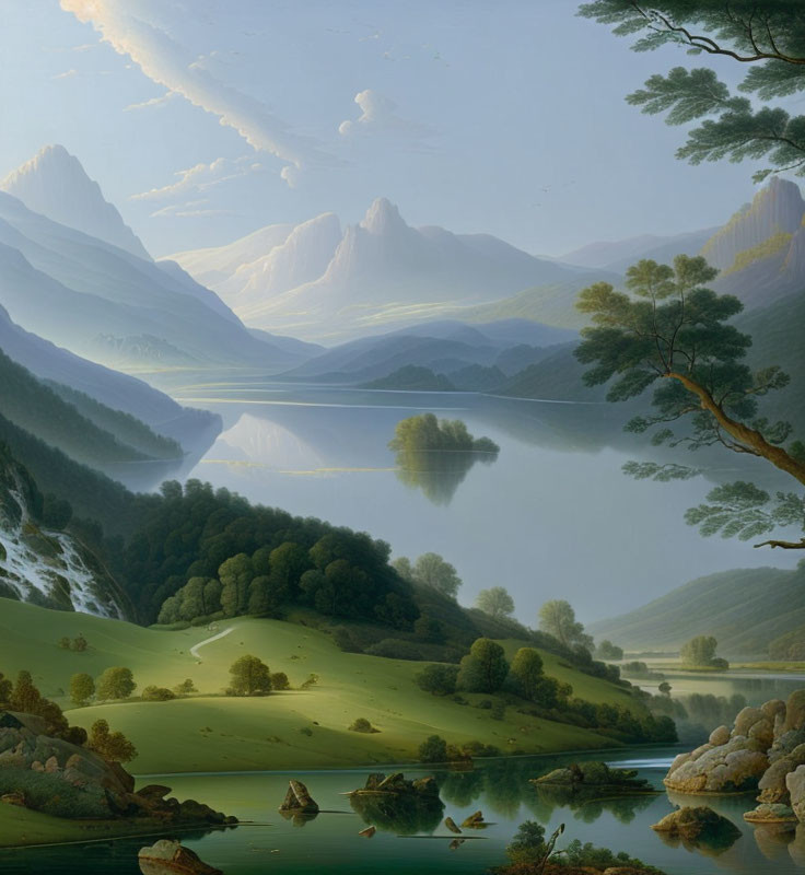 Tranquil landscape of valley, reflective lake, lush greenery, trees, and distant mountains