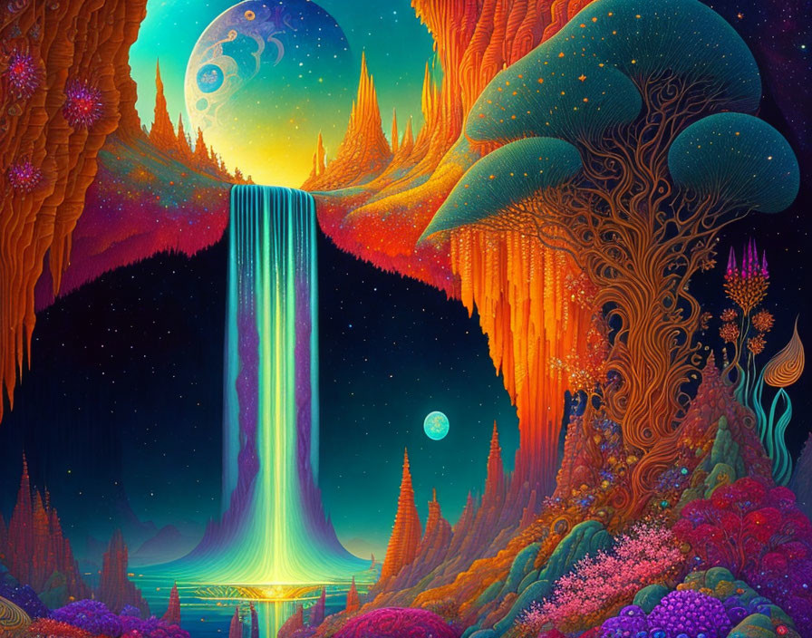 Luminous waterfall and giant mushrooms in vibrant fantasy landscape