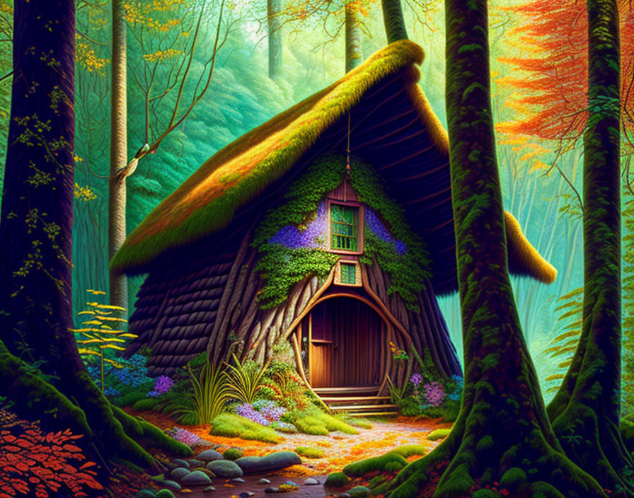 Whimsical forest illustration with quaint cottage amid vibrant trees