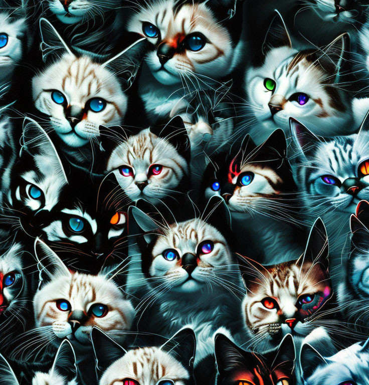 Colorful Close-Up Cat Faces Collage on Dark Background