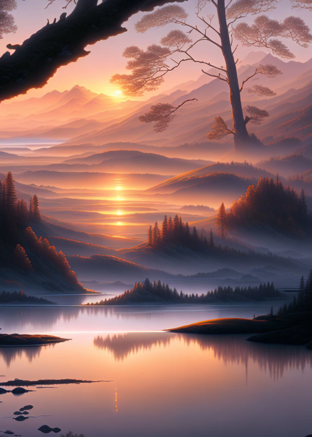 Tranquil sunset over mountainous landscape with lake, silhouetted trees, and mist.