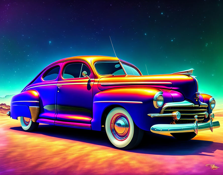 Neon-colored classic car under starry, neon-lit sky