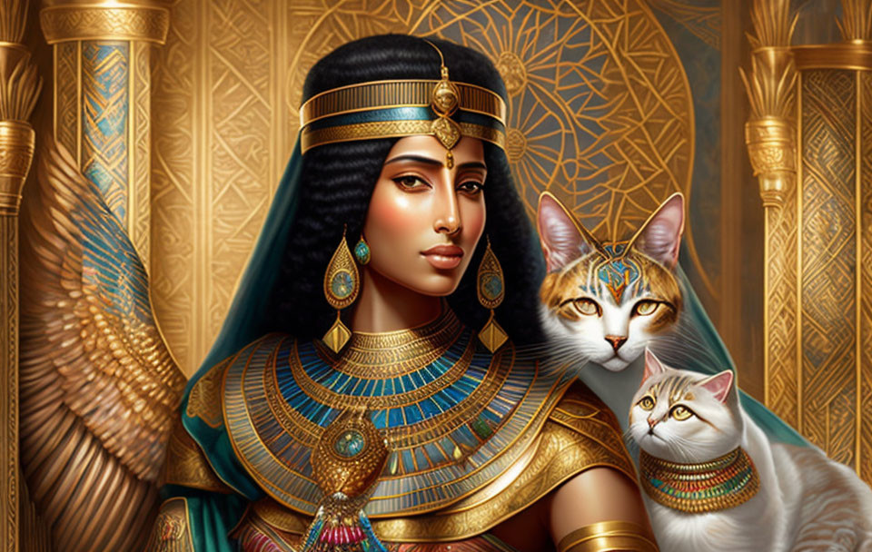 Regal woman in ancient Egyptian attire with gold jewelry, two cats, and decorative backdrop.