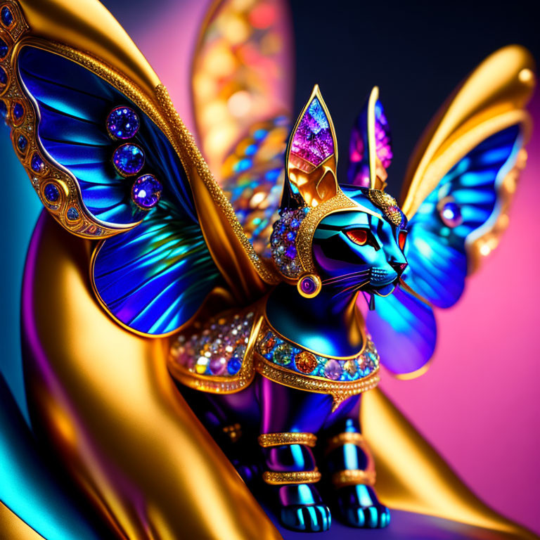 Colorful Cat with Butterfly Wings in Egyptian-Inspired Style