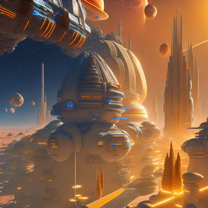 Futuristic cityscape with starship on alien planet with multiple moons