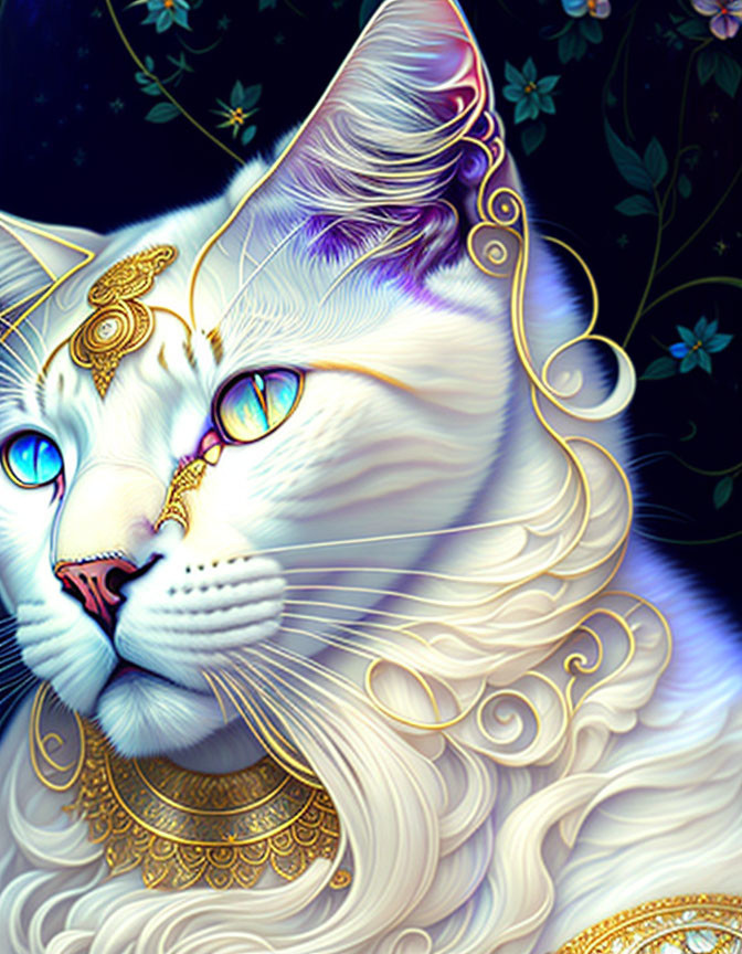 Majestic white cat with blue eyes in gold jewelry on floral night background