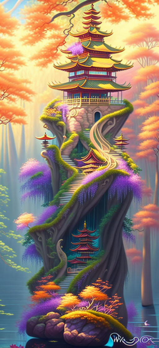 Colorful Pagoda on Tree in Autumn Forest: Intricate Illustration