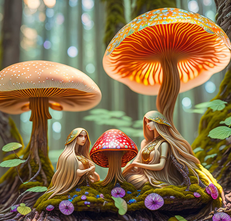 Ethereal women under luminous mushrooms in enchanted forest