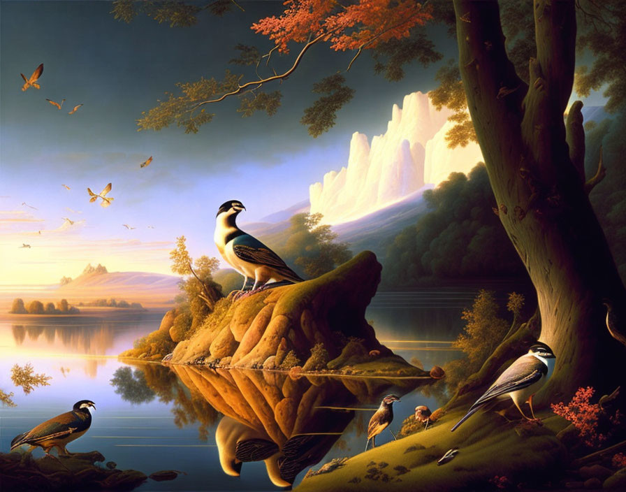 Tranquil landscape with lake, mountain, birds, autumn trees, twilight sky