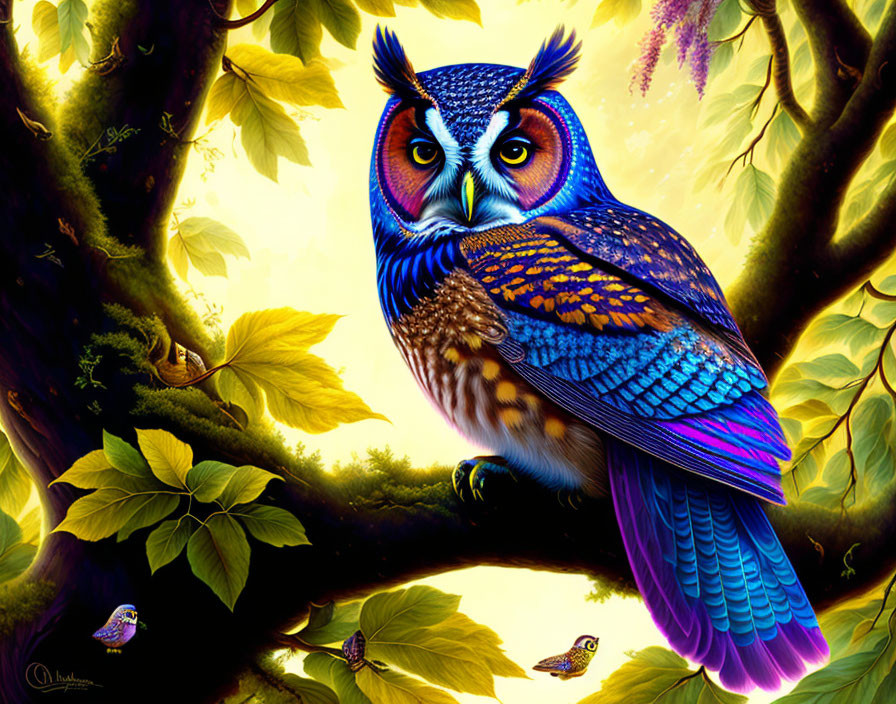 Colorful Owl Perched on Tree Branch with Butterflies in Vibrant Digital Painting