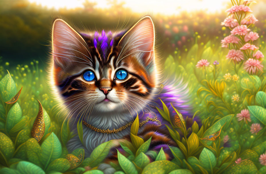 Whimsical kitten with blue eyes in vibrant garden