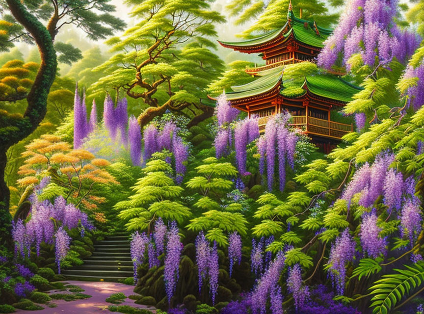 Serene forest scene with purple wisteria trees, stone steps, and pagoda