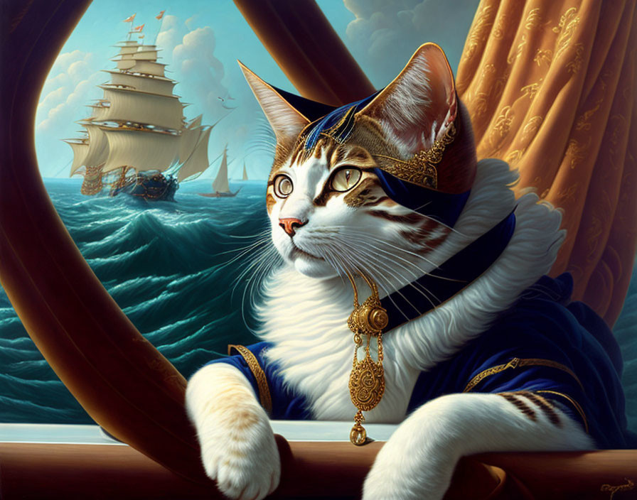 Anthropomorphized cat in naval uniform gazes at tall ship on turbulent sea