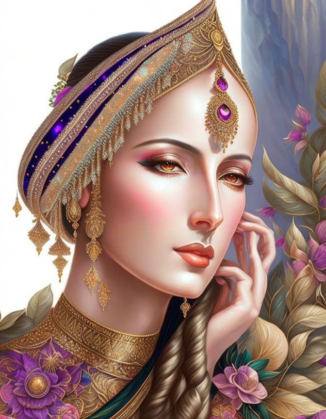 Traditional Indian woman portrait with maang tikka and gold headpiece on floral background