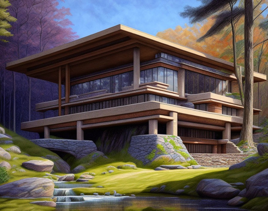 Modern Two-Story House Surrounded by Autumn Trees and Stream