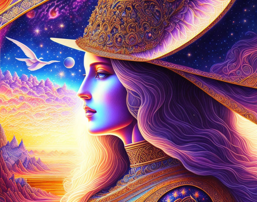 Digital art: Woman in celestial attire with flowing hair against cosmic backdrop