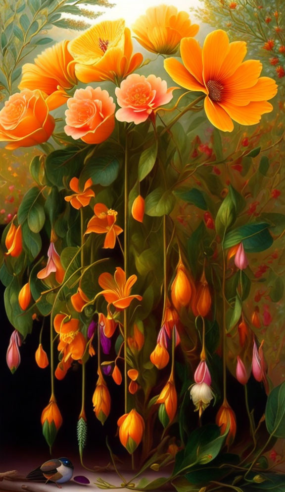 Colorful Floral Painting with Orange and Yellow Flowers