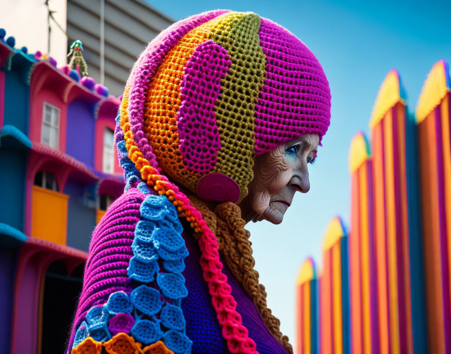 Colorful Crocheted Headpiece and Garment Against Architectural Background