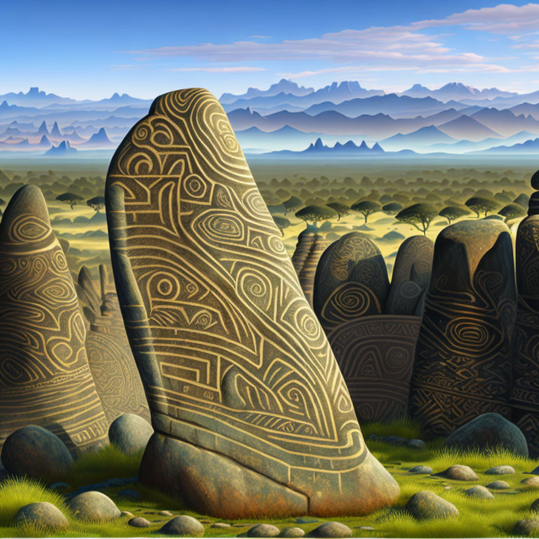 Engraved Monoliths in Grassy Landscape with Trees and Mountains