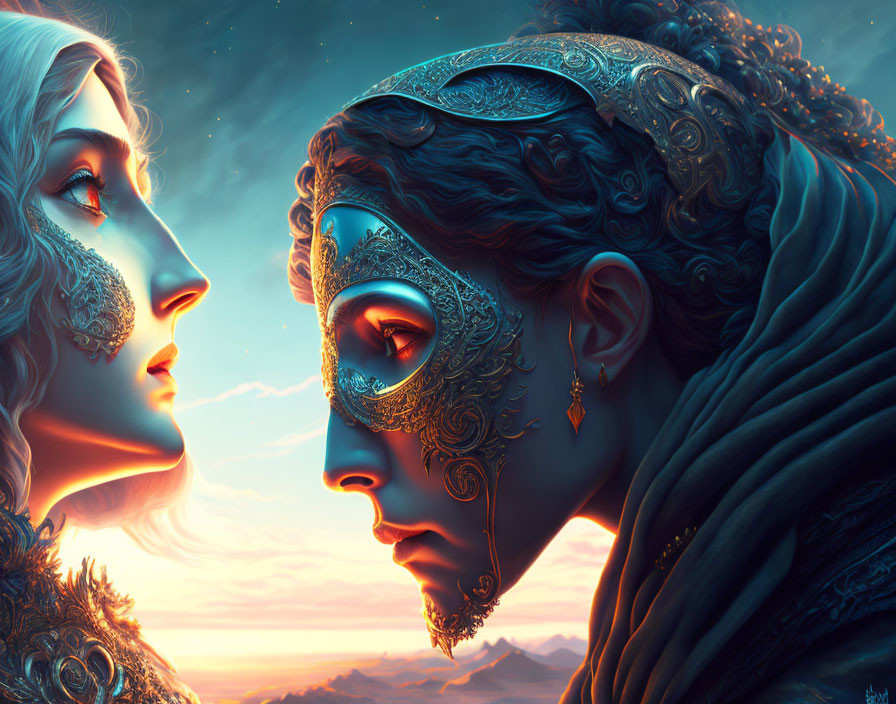 Intricately adorned figures with ornate masks against a sunset sky