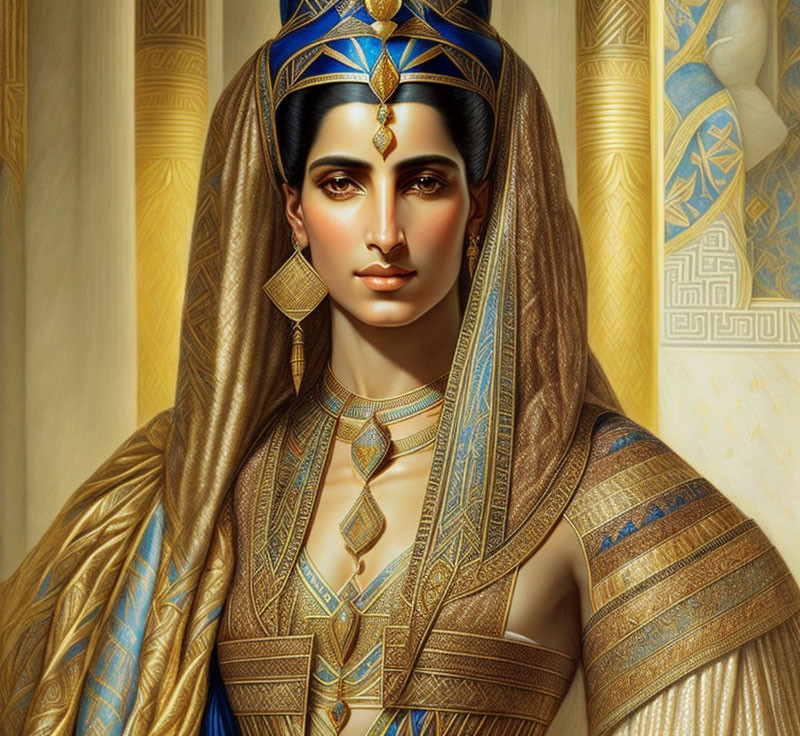 Egyptian-style woman illustration with golden jewelry and ornate background