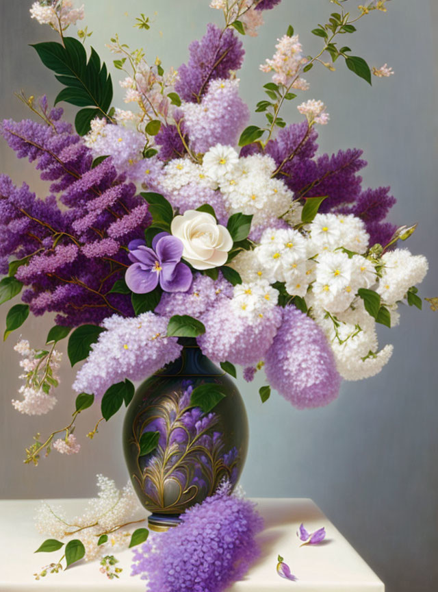 Colorful Bouquet Painting with Lilac Blossoms and White Roses on Grey Background