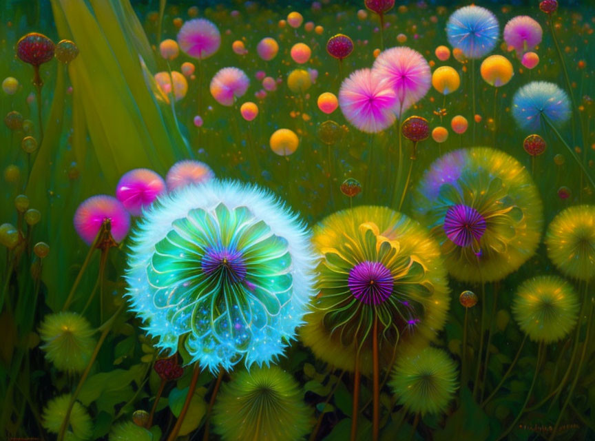 Colorful digital artwork: Glowing dandelion-like flowers on dark fantasy background