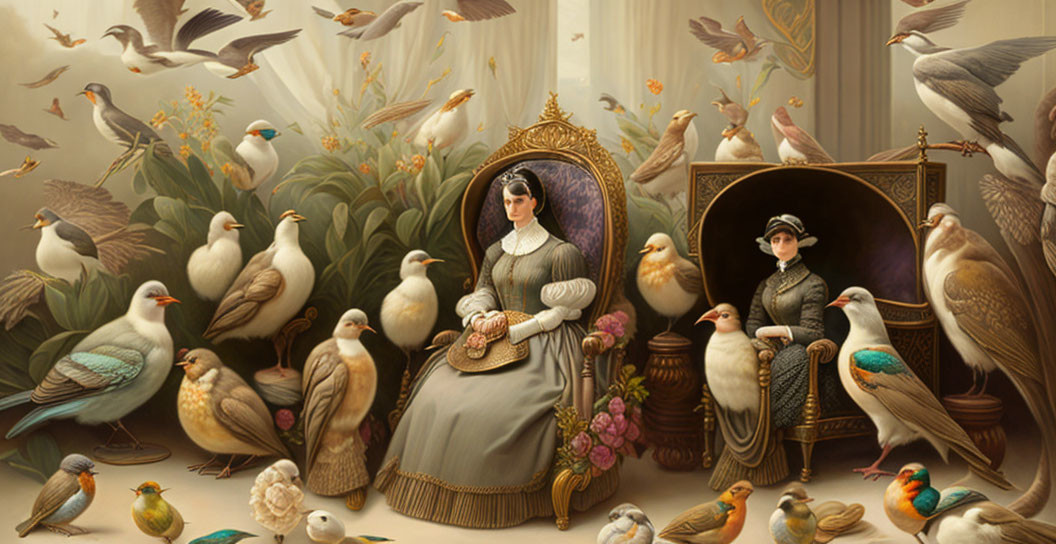 Victorian-era styled illustration of two women with birds in ornate room