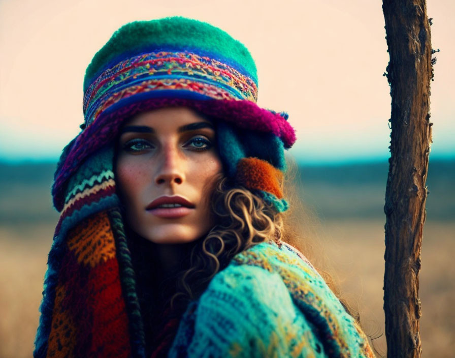 Curly-haired woman in colorful knitted hat and scarf outdoors