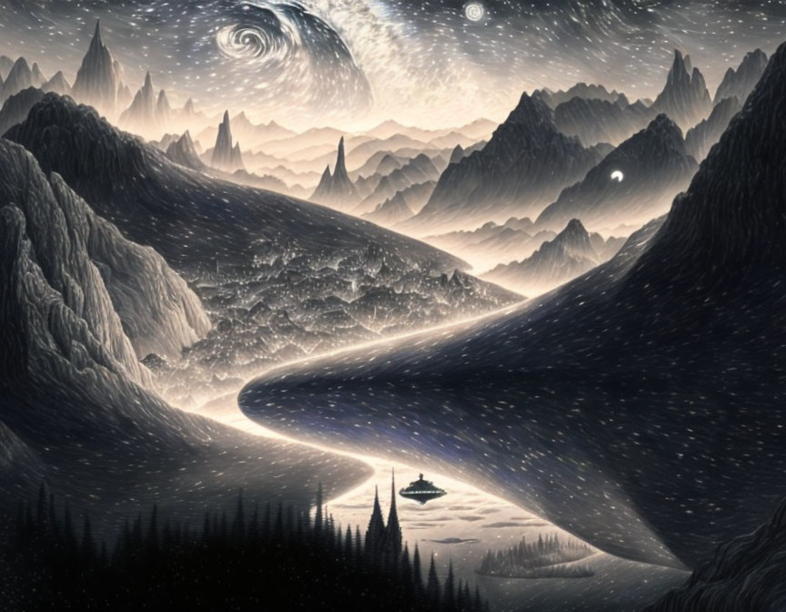 Surreal landscape with swirling galaxies, jagged mountains, winding river, and UFO.