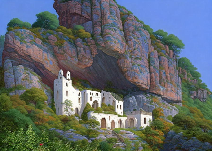 Tranquil landscape: white stone monastery in lush forest under red cliffs