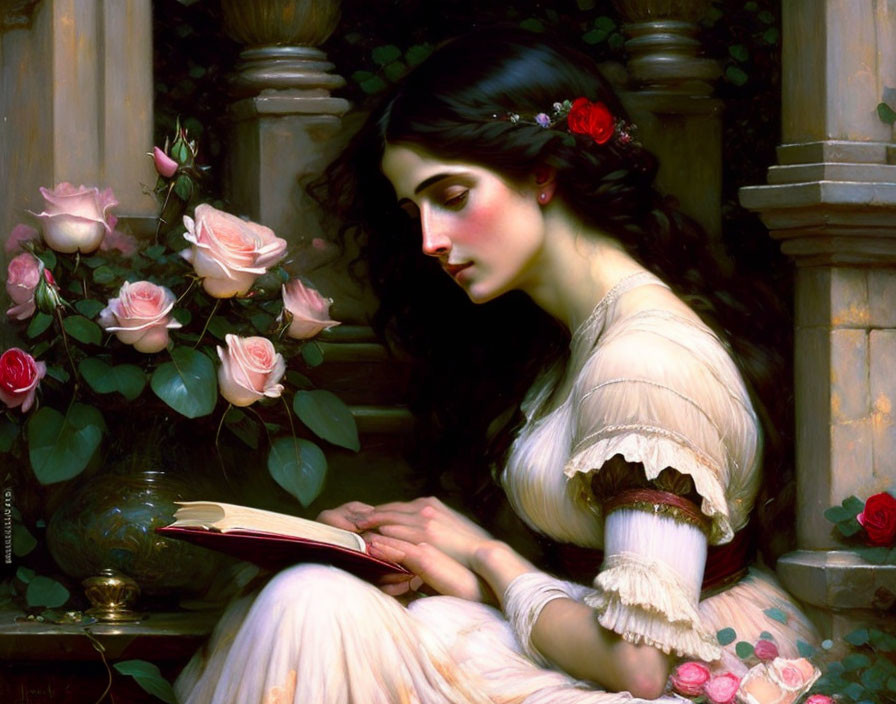 Vintage-dressed woman reading book by blooming pink roses in soft light