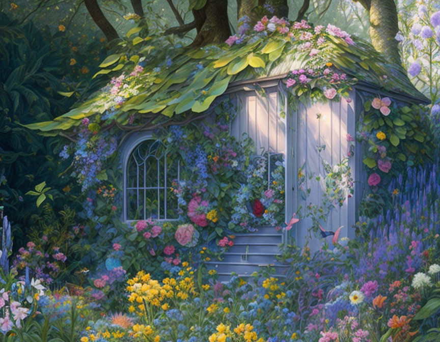 Lush Foliage and Vibrant Flowers Adorn Garden Shed